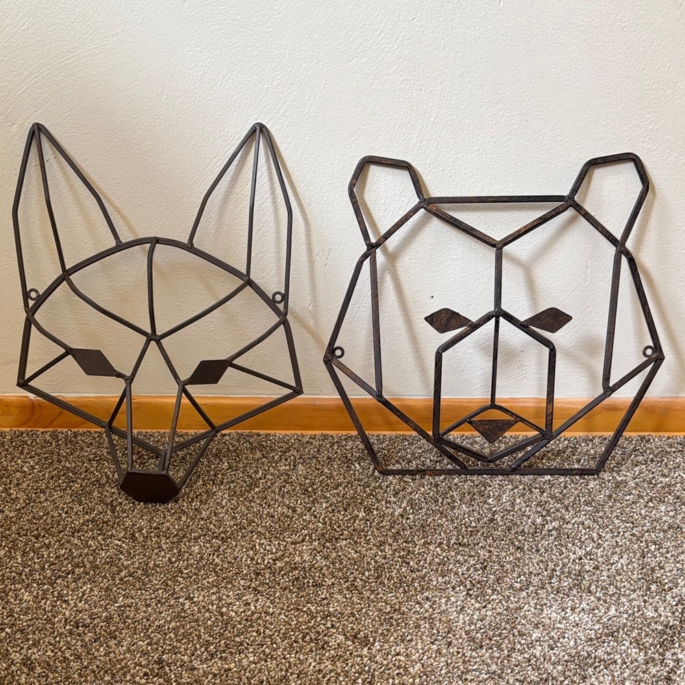 Rust Geometric Fox & Bear Head Metal Decor Set